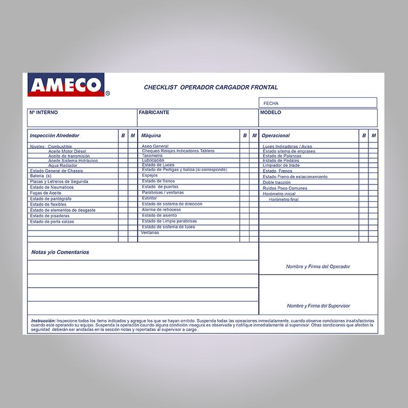 Check list impreso para cargador frontal